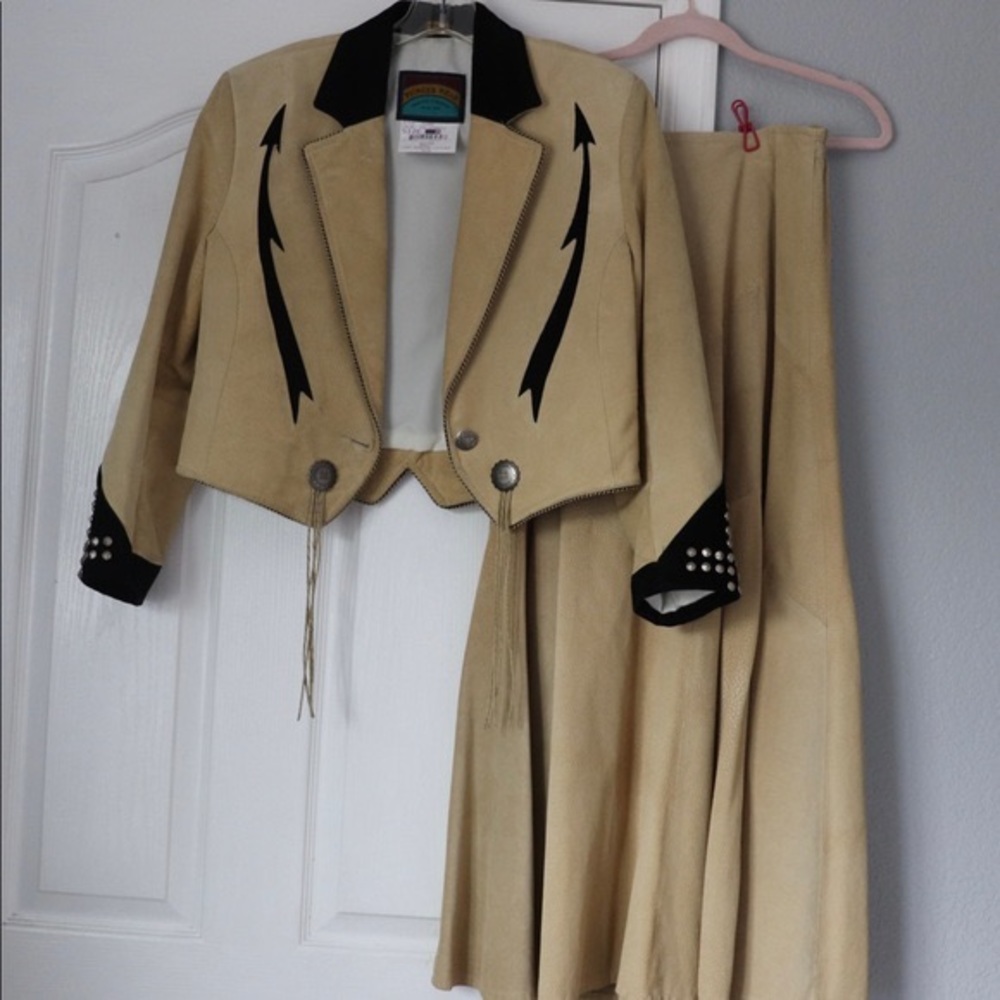 Vintage pioneer wear, leather jacket and skirt set!